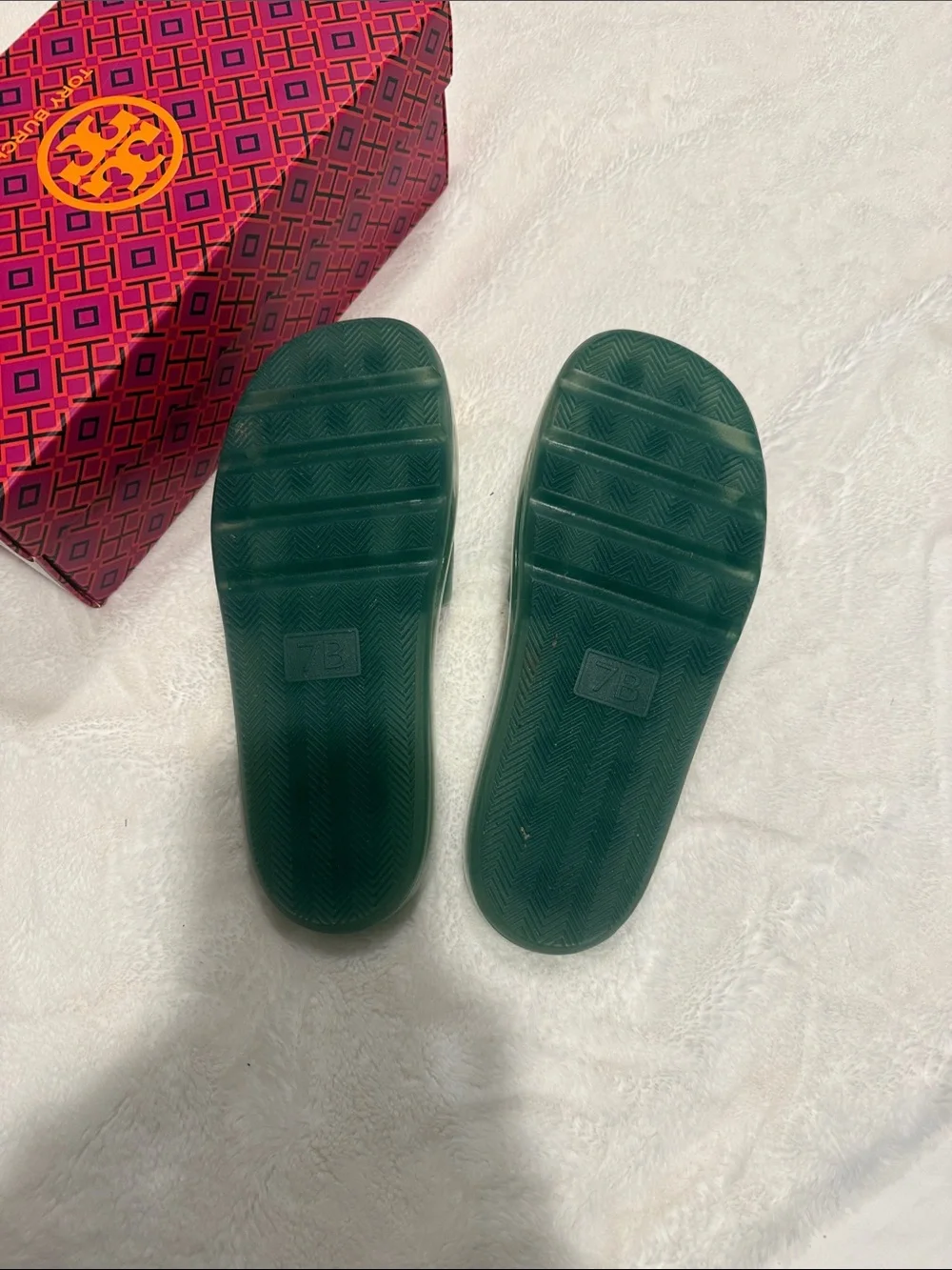 Tory Burch Green Logo Jelly Slide Sandals